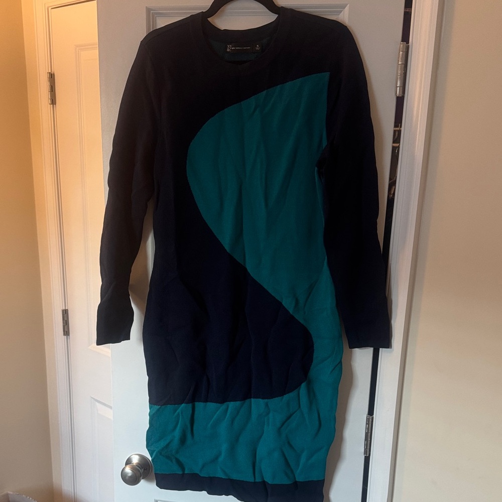New York & Company Navy and Teal Long Sleeve Dress